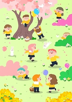 나무 공원 꽃 어린이 일러스트 웃음 여러명 친구 축제 봄 벚꽃 토끼 즐거움 풍선 국내일러스트 AI파일 식물 계절 공공시설 감정 다수 포유류 관계 표정 사람 반려동물 파일형식 벡터