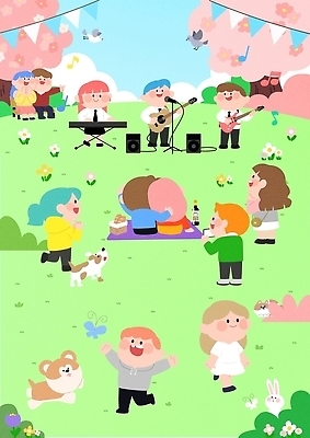행복 반려견 음료 악기 음악 음식 일러스트 여러명 소풍 축제 봄 공연 연주자 즐거움 국내일러스트 AI파일 계절 감정 다수 문화예술 사람 이벤트 반려동물 야외활동 음악가 개 파일형식 벡터