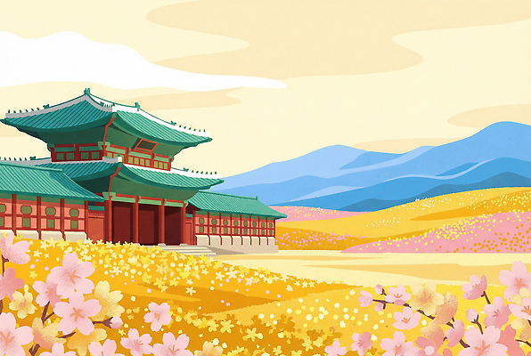 JPG 나무 전통 사계절 꽃 문화 일러스트 자연 하늘 날씨 산 풍경 관광지 평화 봄 국내일러스트 AI일러스트 AI콘텐츠 식물 계절 여행 컨셉 생태계 파일형식
