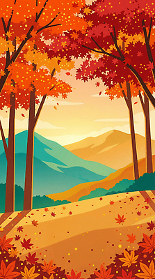 JPG 나무 사계절 여행 단풍 잎 일러스트 자연 하늘 날씨 산 풍경 야외 빨간색 주황색 나뭇가지 저녁 산맥 국내일러스트 AI일러스트 AI콘텐츠 식물 계절 컬러 밤 야간 생태계 파일형식