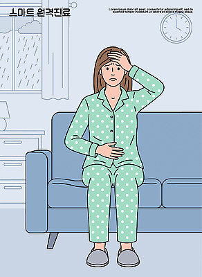 여자 시계 일러스트 창문 건강 소파 방 고통 잠옷 증상 원격의료 불편함 국내일러스트 AI파일 옷 감정 의자 의학 사람 진료 감각 원격 파일형식 벡터