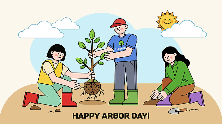 나무 식물 일러스트 모션 자연 날씨 협력 함께함 웃음 여러명 세명 햇빛 환경 흙 기쁨 성장 봉사 식목일 노력 기부 심기 국내일러스트 AI파일 기념일 감정 다수 컨셉 표정 사람 태양 도움 생태계 파일형식 벡터