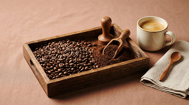 JPG 편집이미지 커피 갈색 원두 나무쟁반 분쇄 커피가루 편집실사 AI포토 AI콘텐츠 음료 컬러 쟁반 목재 가루 CG 파일형식