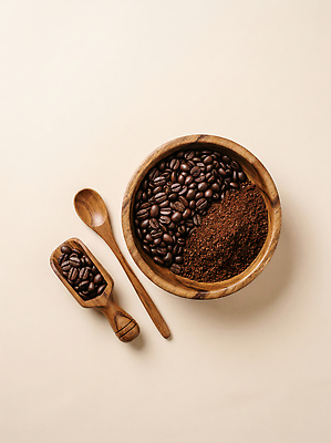 JPG 나무 편집이미지 그릇 커피 재료 숟가락 원두 가루 카페인 편집실사 AI포토 AI콘텐츠 식물 식기 음료 수저 CG 파일형식