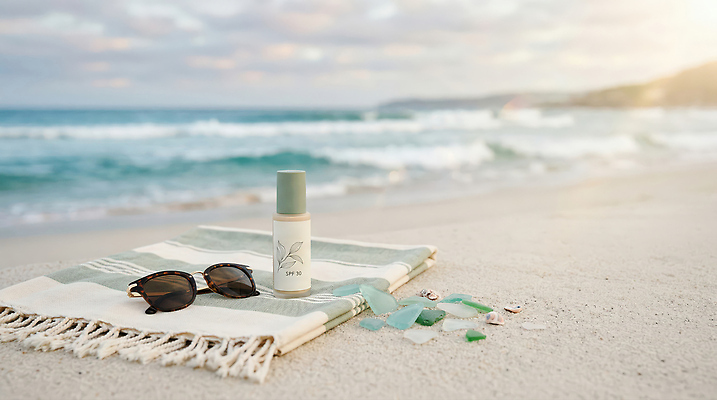 JPG 편집이미지 파도 바다 자연 휴가 해변 여름 선글라스 햇빛 조개껍데기 담요 선크림 유리조각 편집실사 AI포토 AI콘텐츠 계절 안경 조개 태양 화장품 CG 생태계 파일형식