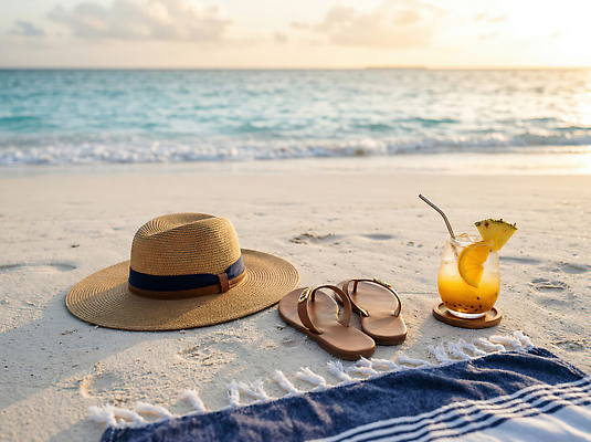 JPG 편집이미지 음료 파도 휴식 슬리퍼 해변 여름 모래사장 햇빛 수평선 편집실사 AI포토 AI콘텐츠 계절 바다 신발 컨셉 태양 CG 파일형식