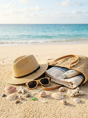 JPG 편집이미지 모래 파도 바다 여행 조개 휴식 해변 여름 수건 선글라스 선크림 소지품 편집실사 AI포토 AI콘텐츠 계절 안경 컨셉 어패류 위생용품 화장품 CG 오브젝트 파일형식