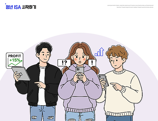 다수 컨셉 비즈니스 말하기 사람 성인 경제 전자제품 핸드폰 스마트기기 계좌 파일형식 벡터 청년 이벤트 스마트폰 태블릿 대화 여러명 금융 투자 수익 그래프 질문 소통 일러스트 국내일러스트 AI파일 시작 개인종합자산관리계좌