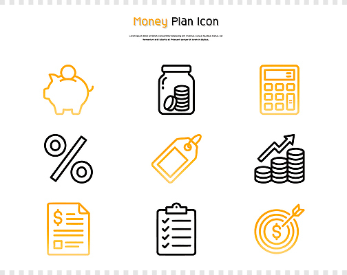아이콘 돈 그래프 관리 금융 꼬리표 동전 돼지저금통 계산기 가격 상승 체크리스트 2D아이콘 AI파일 컨셉 문구용품 경제 라벨 장비 저금통 재산 파일형식 벡터