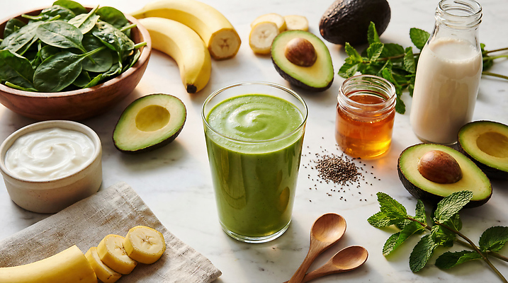 JPG 편집이미지 음료 채소 과일 재료 바나나 건강 주방 식사 샐러드 민트 시금치 꿀 요거트 아보카도 스무디 그린스무디 편집실사 AI포토 AI콘텐츠 음식 유제품 허브 CG 파일형식