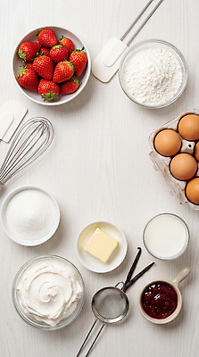 JPG 편집이미지 그릇 재료 딸기 요리 케이크 계란 우유 잼 설탕 크림 밀가루 주걱 버터 딸기케이크 편집실사 AI포토 AI콘텐츠 식기 과일 주방용품 디저트 유제품 알 소스_음식 가루 CG 파일형식