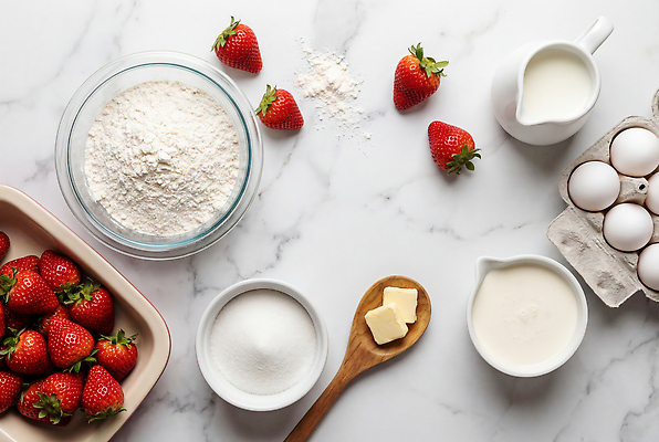 JPG 편집이미지 음식 재료 딸기 요리 케이크 주방 계란 설탕 준비 생크림 밀가루 제빵 버터 딸기케이크 작업대 편집실사 AI포토 AI콘텐츠 과일 디저트 제과제빵 알 가루 크림 CG 파일형식