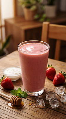 JPG 편집이미지 음료 과일 재료 탁자 딸기 아침 디저트 건강 컵 얼음 꿀 요거트 먹거리 스무디 딸기스무디 편집실사 AI포토 AI콘텐츠 주간 자연요소 식기 음식 가구 유제품 CG 파일형식