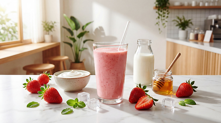 JPG 편집이미지 음료 재료 탁자 딸기 아침 건강 얼음 우유 민트 창가 꿀 요거트 딸기스무디 편집실사 AI포토 AI콘텐츠 주간 자연요소 가구 과일 창문 유제품 허브 CG 스무디 파일형식