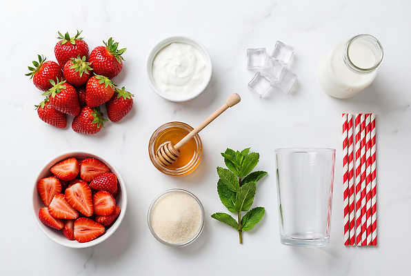 JPG 편집이미지 음료 재료 탁자 딸기 건강 빨대 컵 주방 얼음 우유 설탕 민트 준비 꿀 요거트 딸기스무디 편집실사 AI포토 AI콘텐츠 자연요소 식기 가구 과일 유제품 허브 CG 스무디 파일형식