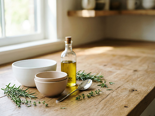 JPG 편집이미지 그릇 재료 탁자 주방용품 실내 요리 주방 식사 올리브오일 허브 음식준비 편집실사 AI포토 AI콘텐츠 식물 식기 가구 생활용품 내부 기름_음식 CG 준비 파일형식