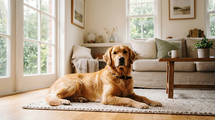 JPG 나무 편집이미지 거실 창문 탁자 집안 조명 바닥 실내 인테리어 소파 카펫 분위기 개 골든리트리버 편집실사 AI포토 AI콘텐츠 식물 디자인 가구 컨셉 의자 포유류 내부 리트리버 CG 파일형식