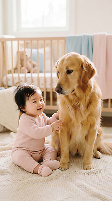 동물 감정 컬러 포유류 관계 표정 사람 리트리버 CG 파일형식 AI포토 아기 개 방 분홍색 옷 밝음 가족 반려동물 웃음 행복 편집실사 편집이미지 JPG 골든리트리버 AI인물포토 AI콘텐츠 의료성형뷰티