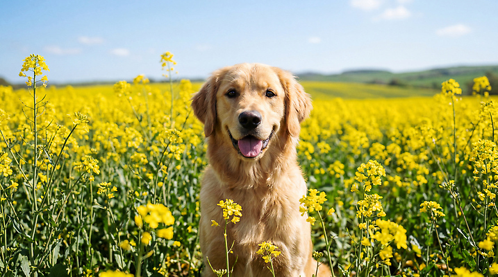 JPG 편집이미지 행복 꽃밭 자연 웃음 풍경 초원 여름 반려동물 개 골든리트리버 언덕 외출 편집실사 AI포토 AI콘텐츠 동물 계절 꽃 감정 포유류 표정 리트리버 CG 생태계 파일형식