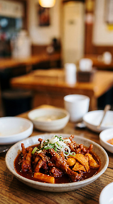 JPG 편집이미지 그릇 한식 음식 탁자 요리 식당 식사 나물 점심 맛집 매운닭발 편집실사 AI포토 AI콘텐츠 식기 가구 채소 상점 CG 닭발 파일형식