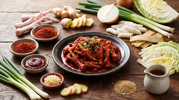 JPG 편집이미지 한식 재료 양파 마늘 요리 맛 배추 간장 두부 생강 대파 고춧가루 매운닭발 편집실사 AI포토 AI콘텐츠 음식 컨셉 채소 양념 가루 CG 파 닭발 파일형식