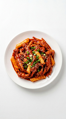 JPG 편집이미지 접시 한식 음식 탁자 떡 요리 빨간색 양념 고추장 떡볶이 매움 깨 파 길이 매운닭발 편집실사 AI포토 AI콘텐츠 식기 컬러 가구 채소 식재료 조미료 맛 분식 CG 닭발 파일형식