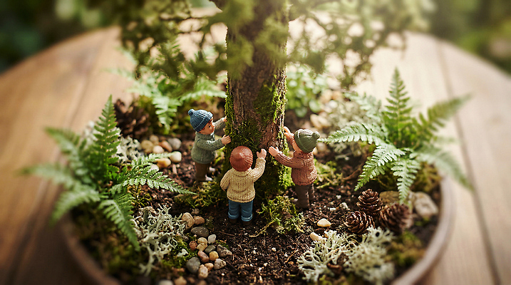 JPG 나무 식물 편집이미지 화분 어린이 인형 자연 사람 장식 초록색 장난감 정원 탐험 소나무 숲 오브젝트 감싸기 편집실사 AI컴퓨터그래픽 AI콘텐츠 컬러 모션 CG 생태계 파일형식