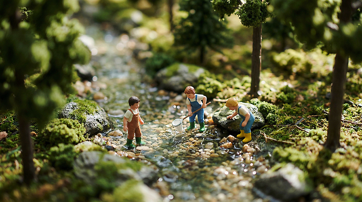 JPG 나무 편집이미지 어린이 자연 물놀이 소풍 모형 탐험 돌_바위 개울 숲 즐거움 편집실사 AI컴퓨터그래픽 AI콘텐츠 식물 감정 놀이 사람 강 야외활동 CG 생태계 파일형식