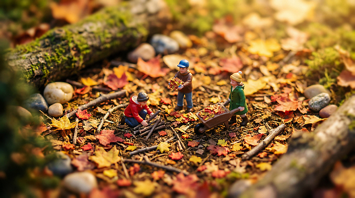 JPG 편집이미지 어린이 인형 단풍 자연 나뭇잎 모형 수레 탐험 나뭇가지 작업 숲 조경 편집실사 AI컴퓨터그래픽 AI콘텐츠 나무 잎 사람 카트 CG 생태계 파일형식