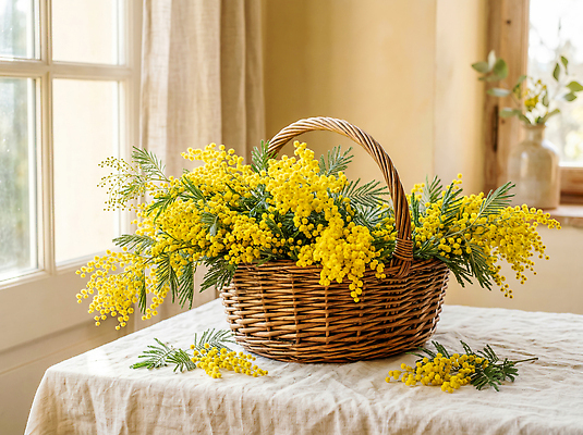 JPG 식물 편집이미지 꽃 창문 자연 식탁 실내 장식 햇빛 노란색 바구니 주방 분위기 꽃바구니 미모사 싱그러움 편집실사 AI포토 AI콘텐츠 컬러 컨셉 탁자 내부 태양 CG 생태계 파일형식