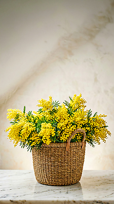 JPG 식물 편집이미지 디자인 꽃 꽃다발 자연 탁자 장식 인테리어 노란색 바구니 정원 식사 공간 꽃바구니 미모사 편집실사 AI포토 AI콘텐츠 컬러 가구 CG 생태계 파일형식