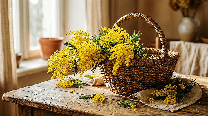 JPG 식물 편집이미지 꽃다발 창문 탁자 실내 장식 바구니 방 빈티지 오브젝트 꽃바구니 나무탁자 미모사 생화 편집실사 AI포토 AI콘텐츠 꽃 가구 컨셉 내부 CG 파일형식