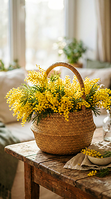 JPG 식물 편집이미지 꽃 거실 탁자 실내 따뜻함 장식 인테리어 노란색 바구니 오브젝트 꽃바구니 미모사 오후 편집실사 AI포토 AI콘텐츠 디자인 컬러 가구 내부 CG 파일형식