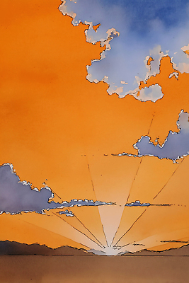 JPG 구름 선 일러스트 자연 하늘 날씨 수채화 풍경 파란색 빛 태양 주황색 일몰 대기 일기 저녁 그림 지평선 국내일러스트 AI일러스트 AI콘텐츠 자연요소 컬러 노을 야간 생태계 파일형식