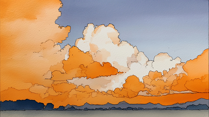 JPG 구름 예술 하늘색 백그라운드 일러스트 자연 하늘 날씨 수채화 풍경 태양 주황색 일몰 회색 저녁 일기예보 그림 뷰티풀 국내일러스트 AI일러스트 AI콘텐츠 자연요소 컬러 파란색 노을 밤 야간 생태계 파일형식