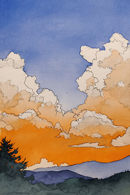 JPG 나무 구름 예술 하늘색 일러스트 자연 하늘 수채화 풍경 노을 주황색 황혼 일몰 분위기 저녁 풍경화 국내일러스트 AI일러스트 AI콘텐츠 자연요소 식물 컬러 컨셉 파란색 밤 야간 그림 생태계 파일형식