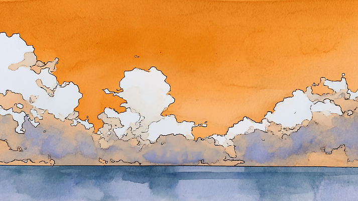 JPG 구름 물결 바다 일러스트 자연 하늘 수채화 풍경 물 태양 주황색 일몰 대기 저녁 수평선 국내일러스트 AI일러스트 AI콘텐츠 자연요소 컬러 노을 야간 생태계 파일형식