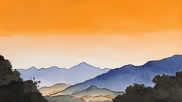 JPG 모양 일러스트 자연 하늘 수채화 산 거리 풍경 빛 주황색 시간 변화 저녁 그림 윤곽 부드러움 그라데이션 수평선 국내일러스트 AI일러스트 AI콘텐츠 컬러 컨셉 감각 야간 생태계 파일형식