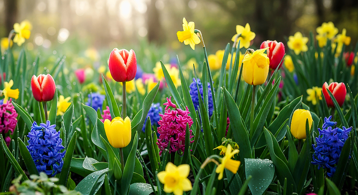 JPG 나무 식물 편집이미지 꽃 화초 꽃밭 자연 풍경 햇빛 정원 봄 튤립 수선화 뷰티풀 히아신스 편집실사 AI컴퓨터그래픽 AI콘텐츠 계절 태양 CG 생태계 파일형식