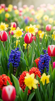 JPG 식물 편집이미지 꽃 화초 꽃밭 자연 초록색 햇빛 정원 봄 튤립 수선화 히아신스 편집실사 AI컴퓨터그래픽 AI콘텐츠 계절 컬러 태양 CG 생태계 파일형식