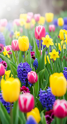 JPG 식물 편집이미지 꽃 꽃밭 자연 날씨 풍경 정원 봄 튤립 조경 수선화 만개 히아신스 편집실사 AI컴퓨터그래픽 AI콘텐츠 계절 CG 생태계 파일형식