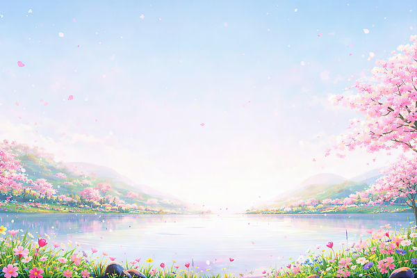 JPG 주간 나무 식물 꽃잎 꽃 분홍색 여행 일러스트 자연 하늘 생명 풍경 물 파란색 강 소풍 일몰 봄 풍경화 국내일러스트 AI일러스트 AI콘텐츠 자연요소 계절 컬러 야외활동 노을 그림 생태계 파일형식