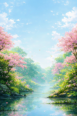 JPG 나무 꽃 여유 분홍색 일러스트 자연 하늘 바람 풍경 초록색 물 강 햇빛 평화 봄 산책 오두막 새소리 국내일러스트 AI일러스트 AI콘텐츠 자연요소 식물 계절 감정 컬러 컨셉 날씨 휴식 태양 생태계 파일형식