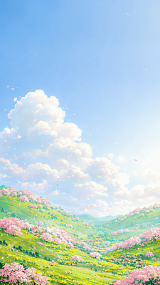 JPG 나무 식물 계절 꽃 일러스트 자연 하늘 산 풍경 잔디 파란색 햇빛 봄 공간 대기 틈 언덕 뷰티풀 국내일러스트 AI일러스트 AI콘텐츠 컬러 태양 생태계 파일형식