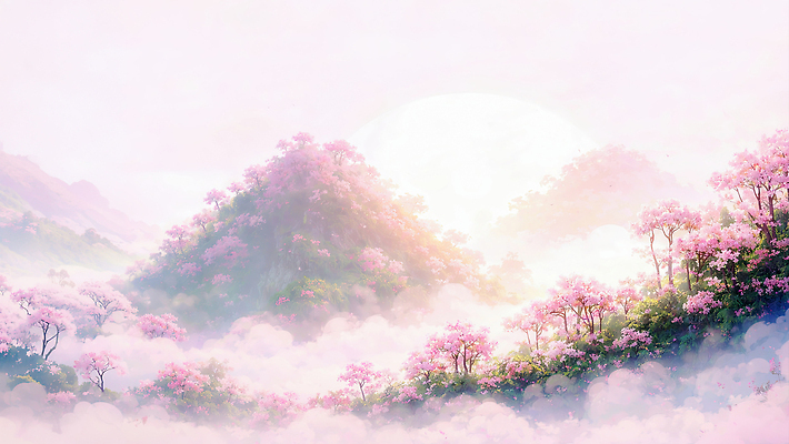 JPG 식물 꽃 분홍색 일러스트 자연 하늘 생명 산 풍경 햇빛 태양 일출 고요 봄 대기 뷰티풀 산맥 국내일러스트 AI일러스트 AI콘텐츠 자연요소 계절 컬러 노을 생태계 파일형식
