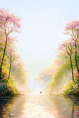 JPG 나무 식물 꽃 일러스트 자연 아침 풍경 물 여름 빛 강 햇빛 반사 평화 소리 새벽 산책 흐름 벚꽃 국내일러스트 AI일러스트 AI콘텐츠 주간 자연요소 계절 컨셉 휴식 태양 생태계 파일형식