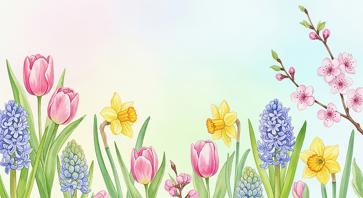 JPG 식물 꽃 화초 백그라운드 일러스트 봄꽃 자연 풍경 잔디 햇빛 정원 봄 튤립 꽃집 장면 수선화 꽃프레임 히아신스 국내일러스트 AI일러스트 AI콘텐츠 계절 프레임 태양 상점 생태계 파일형식