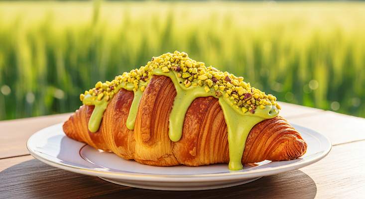 JPG 편집이미지 음식 탁자 아침 디저트 초원 초록색 햇빛 봄 빵집 견과류 아침식사 크루아상 크림 시즌상품 피스타치오 편집실사 AI컴퓨터그래픽 AI콘텐츠 주간 계절 빵 컬러 가구 태양 상점 식사 상품 CG 파일형식