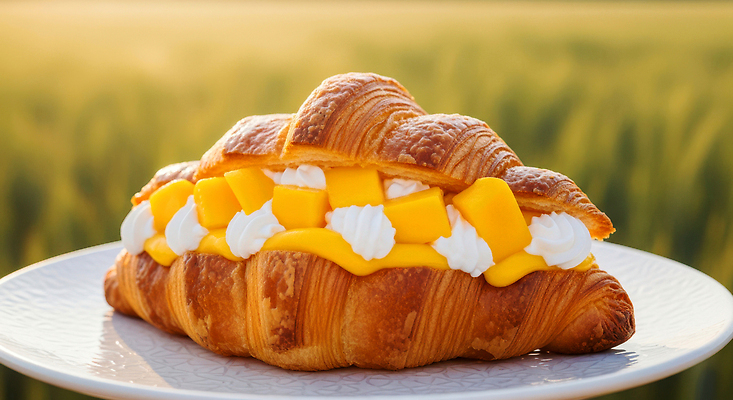 JPG 편집이미지 음식 과일 디저트 요리 초원 여름 햇빛 식사 봄 신선 맛 크루아상 크림 망고 시즌상품 조합 편집실사 AI컴퓨터그래픽 AI콘텐츠 계절 빵 컨셉 태양 상품 CG 열대과일 파일형식