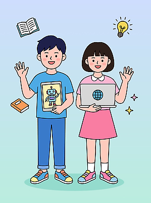 학생 교육 컬러 관계 표정 사람 신체부위 책 전자제품 강의 파일형식 벡터 언택트 로봇 노트북 웃음 기술 친구 밝음 모션 컴퓨터 그림 분홍색 파란색 그림책 학교 정보 손 국내일러스트 AI파일 일러스트 온라인강의 초등학생